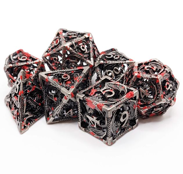 Metal RPG DND Polyhedral Dice Set Premium Detailed Dragon Design - Set of 7