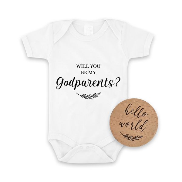 Will You Be My Godparents Proposal Baby Onesie &amp; Hello World Wood Disc Set