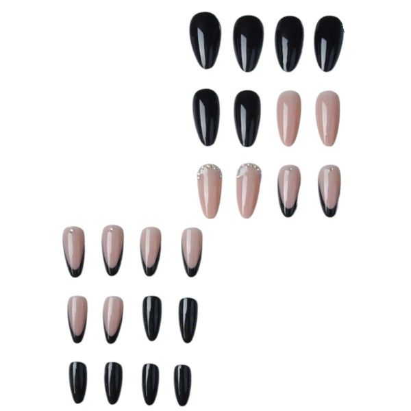 24-Piece Glossy French Tip Press-On Nails With Rhinestone Accents - Black