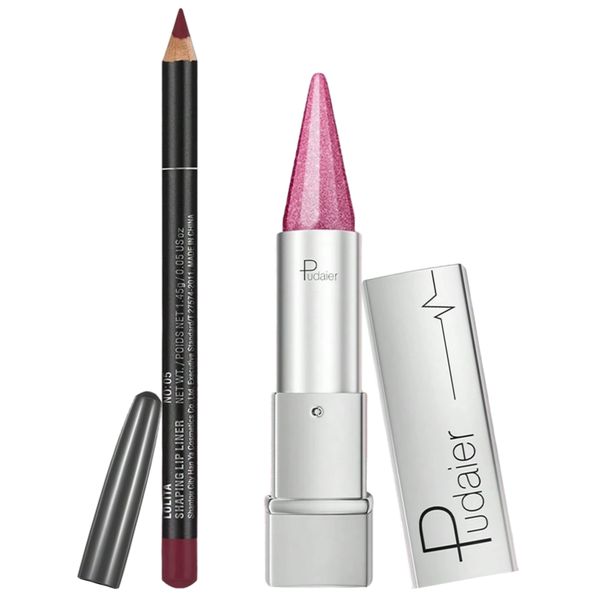 Pudaier Matte Lip Liner &amp; Metallic Lipstick Set - Perfect Pink