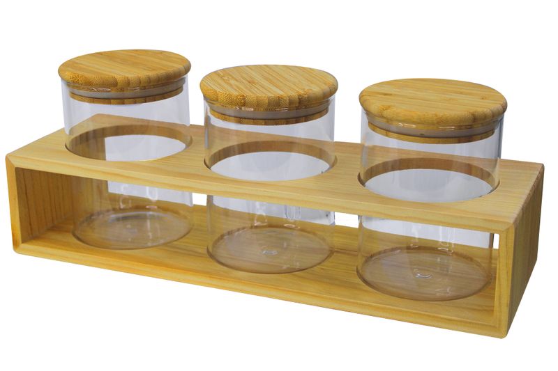 4 Piece 800ml Glass Jar Spice Set with Bamboo Lids &amp; Wooden Holder - Round