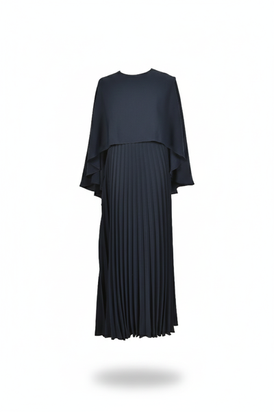 Sophisticated Navy Blue Pleated Maxi Dress With Slitted Cape Detail