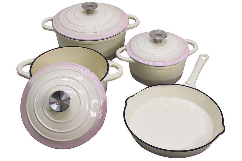 LMA Branded Two-Tone 7 Piece Cast Iron Dutch Oven Cookware Set - Cream