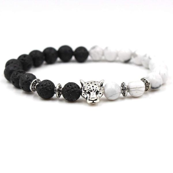 Argent Craft Lava Stone &amp; Howlite Bracelet with Leopard Head - Silver