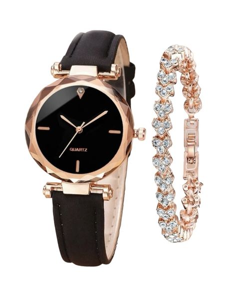 Black PU Polyurethane Strap Fashionable Round Dial Quartz Watch &amp; Bracelet