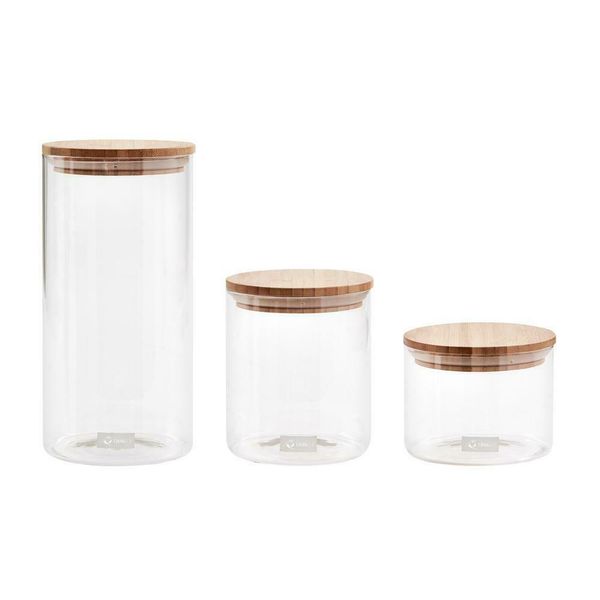 Set of 3 Glass Canister Food Container Storage Bamboo Lid Airtight Seal Jar