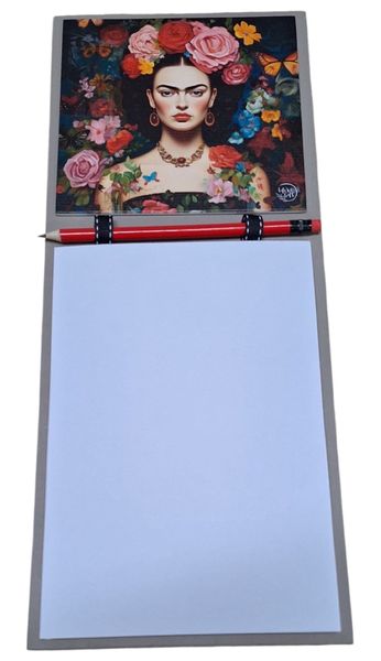 Fridge Notepad with Pencil - Orange &amp; Blue Butterflies, Pink Roses &amp; Frida