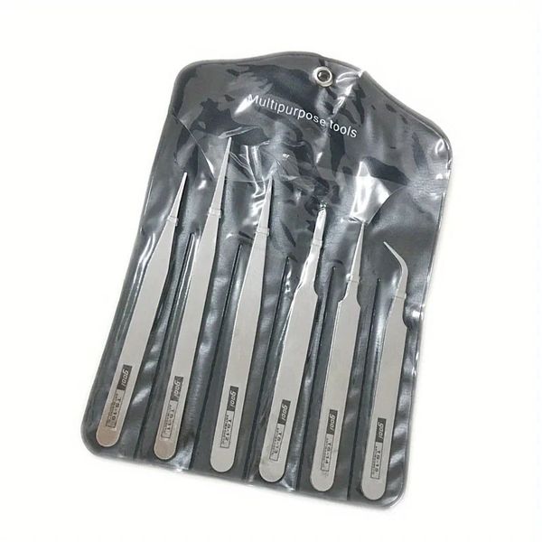 6 Pieces Stainless Steel Straight and Curved Tweezers Set
