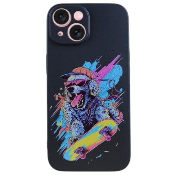 Skater Dog Print Matte Protective Phone Case Compatible With IPhone 15 - Black