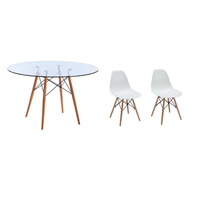 3 Piece Glass Table and White Wooden Leg Chairs