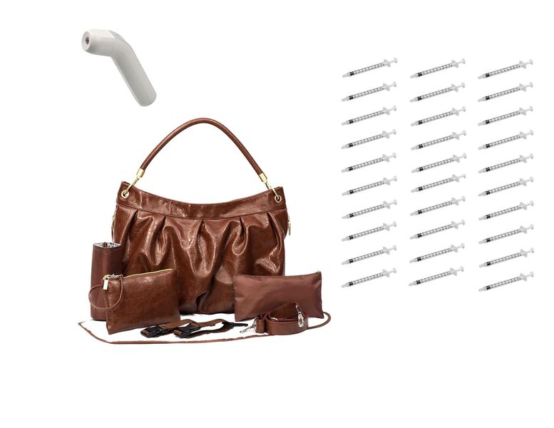 Newborn Baby Essential Kit W Brown Nappy Bag, Thermometer, Medicine Bottle