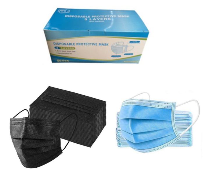 10 Box Each of 50 - 3 Ply Disposable Face Cover Mask - Blue &amp; Black