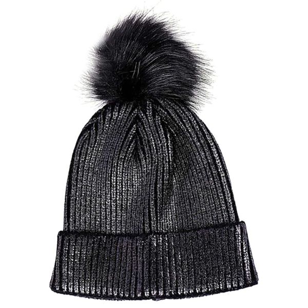 Metallic Winter Hat Soft Warm Knitted Beanie Pom Pom Skull Cap