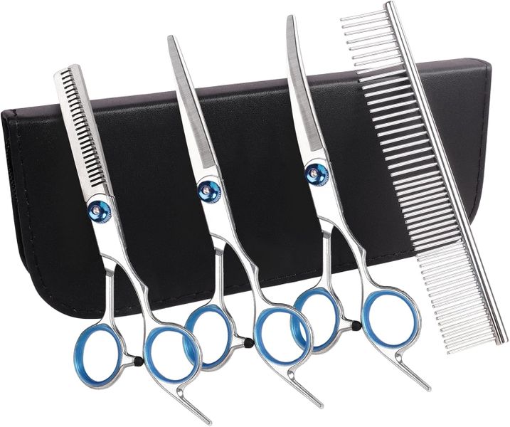 Premium Dog Grooming Scissors - Set of 4,With Safety Round Head,Blue