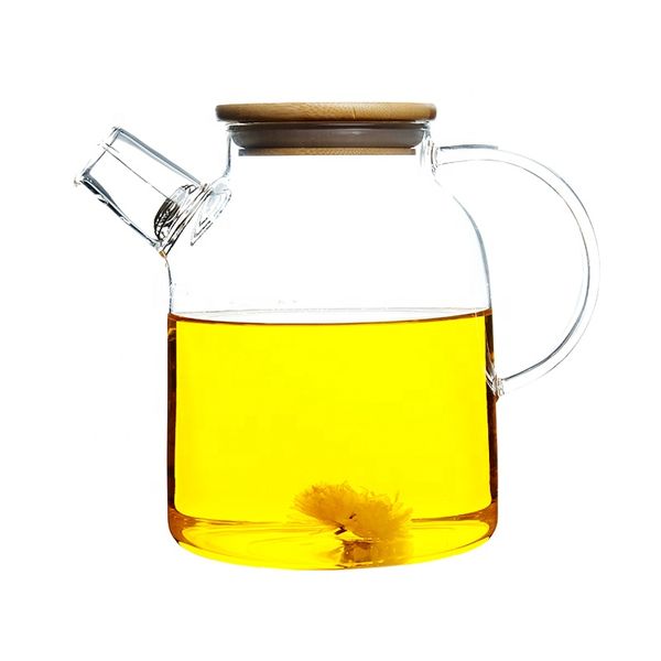 Bamboo &amp; Glass Tea Pot With Glass Metal Strainer 1600ml - Set Of 1