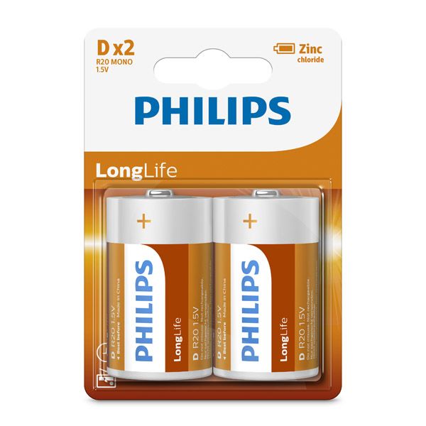 Philips - Longlife Zinc D Batteries 1.5V 2 Pack