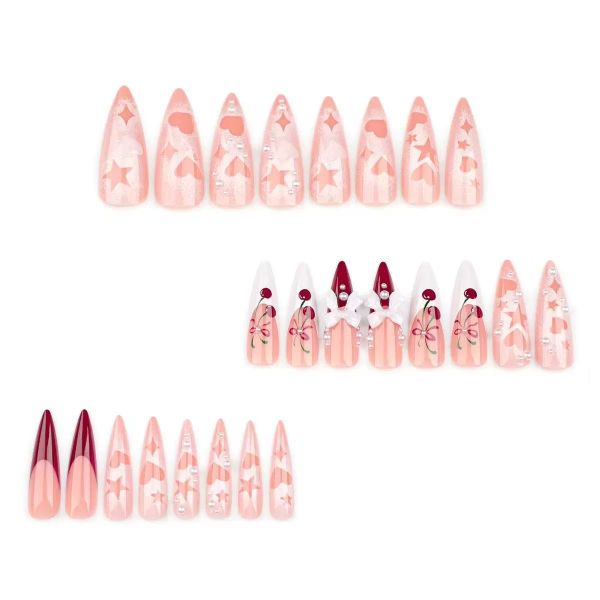 Long Press Stiletto False French Tip Acrylic Nails with Bow Cherry Design