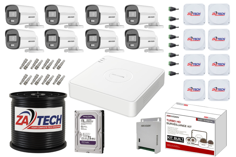 Hikvision 8CH ColorVu CCTV Kit with 1TB HDD, Zatech Ready-Made Cable and JB