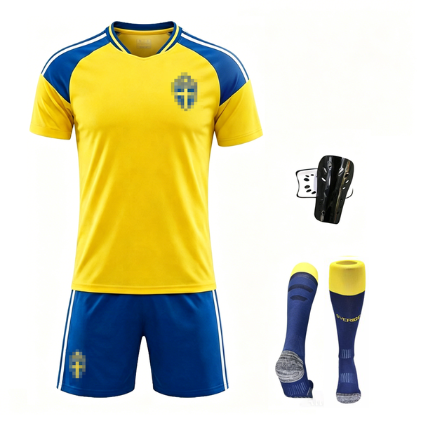 Boys Blank Football Soccer Jersey Set - Blue/Yellow - 4 Piece - Sweden25/26