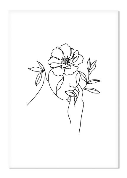 Wall Art: Line Art - Abstract Face with Flowers