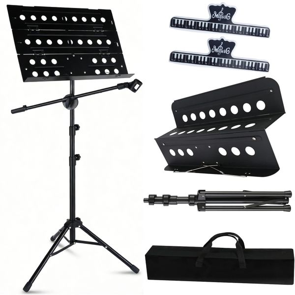 Adjustable Orchestral Sheet Music Stand Folding Metal with Microphone Clip