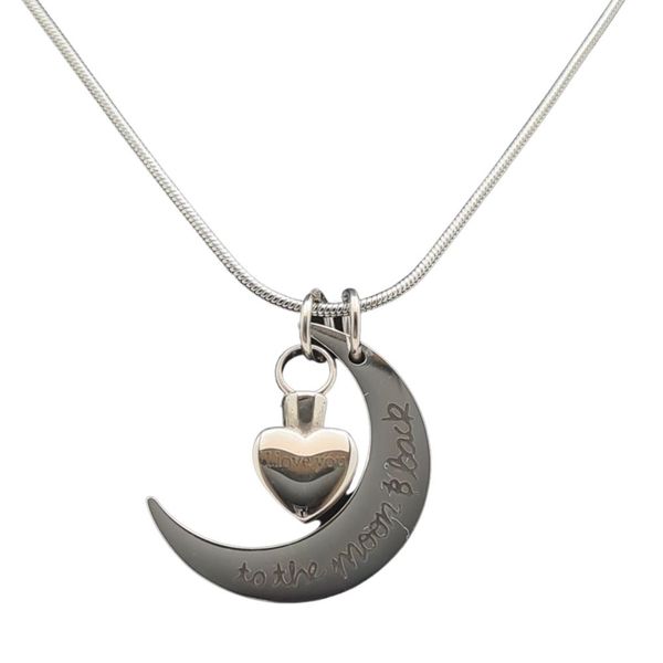 Moon Heart Pendant and Chain - Stainless Steel Cremation Jewellery