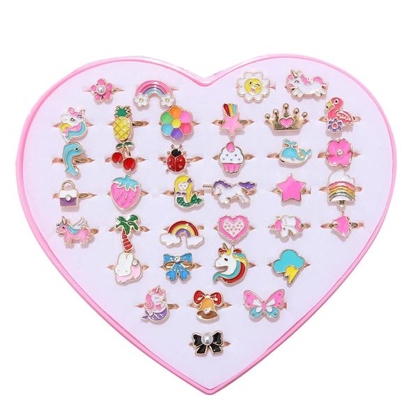 Little Girl Jewel Rings Adjustable Unicorn Rings Toys and Box 36 Piece