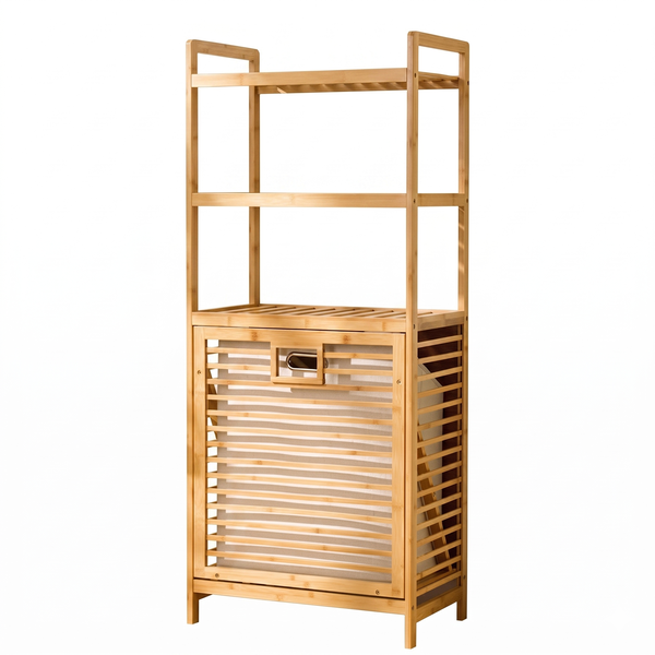 Bamboo Laundry Basket Cabinet with Tilt Out Hamper and Storage Shelves