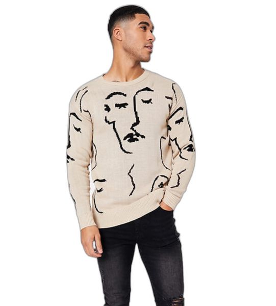 I Saw It First Mens - Beige Mens Face Print Jumper