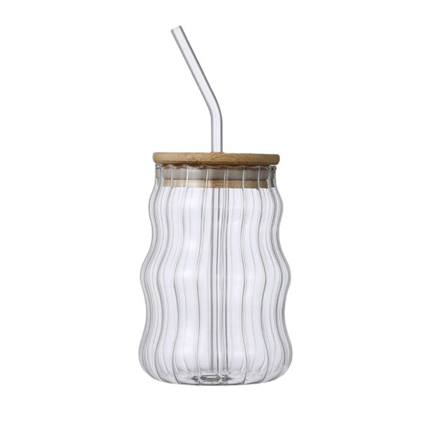 500ml Wave Shaped Glass Cup with Straw and Lid