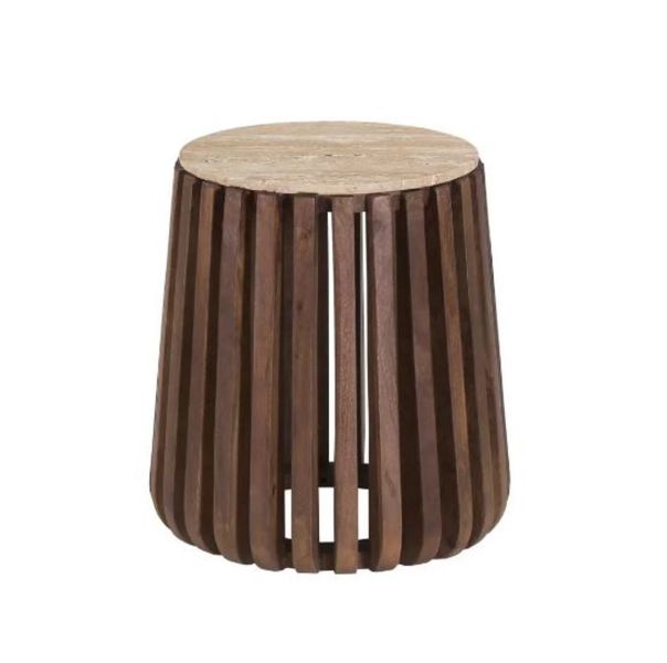 Novafurn Travertine Top Solid Wood Side Table