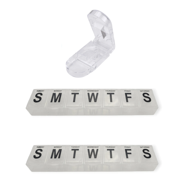 2-Pack Daily Transparent Pill Organisers + Portable Pill Cutter and Holder