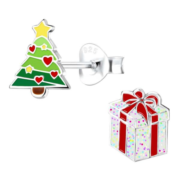 Christmas Tree and Present Enamel and Sterling silver Earrings