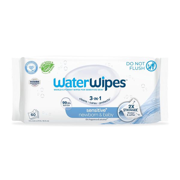 WaterWipes Sensitive+ Newborn Wipes, Unscented &amp; Hypoallergenic, 60 Count