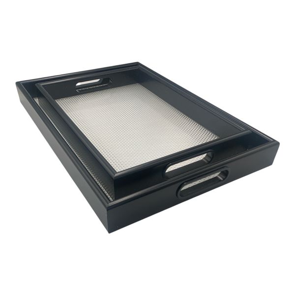 Tray Set 2 Piece Rectangular Wooden Black With Clear Plastic Base