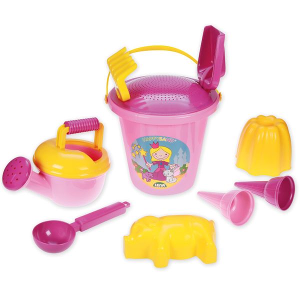 LENA Sandpit Toys Set of 10 including Bucket, Sieve, Rake, Moulds Etc Pink