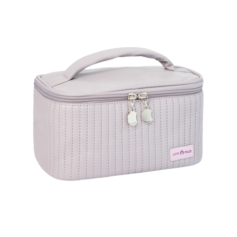 Striped Solid Colour Portable Travel Cosmetic Bag PU Leather Makeup Bag