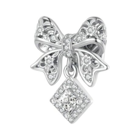 925 Sterling Silver Bow & Diamond Drop Charm With Zirconia Inlays - Silver Image