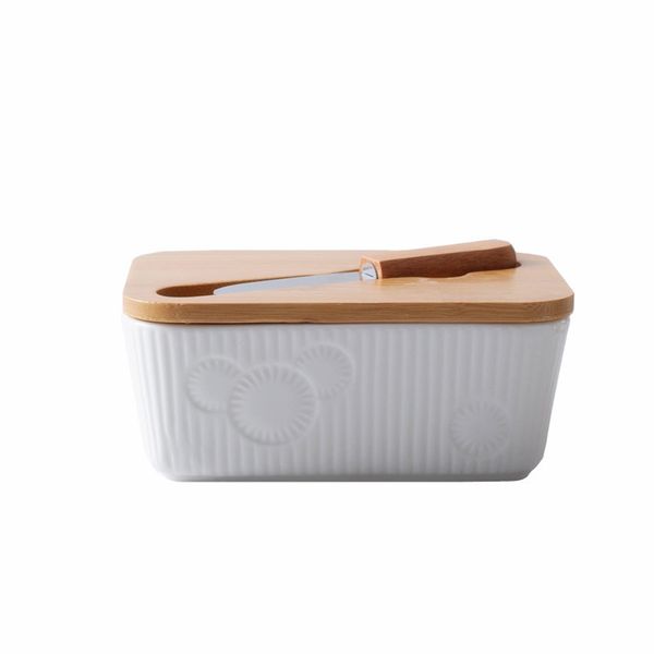Ceramic Butter Dish Butter Keeper with Wood Cover &amp; Knife