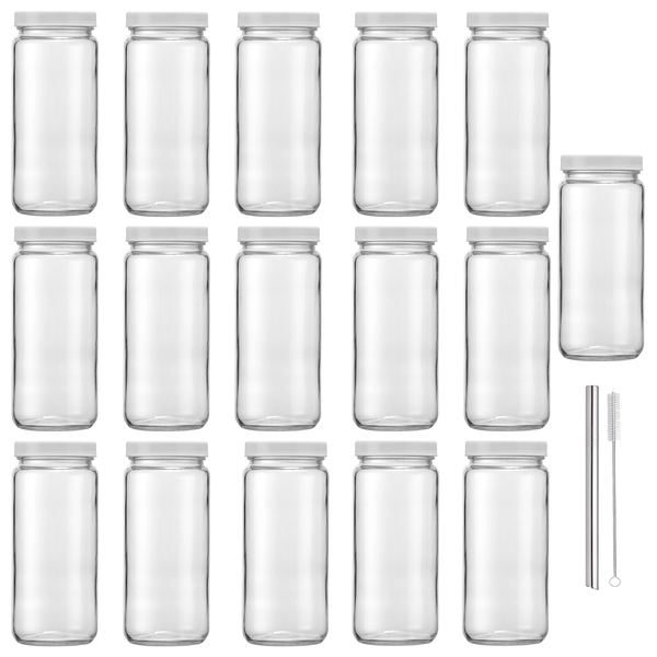 16PK Glass Juice Bottles Travel Drinking Mugs Water Cups Re-use Drink Jars