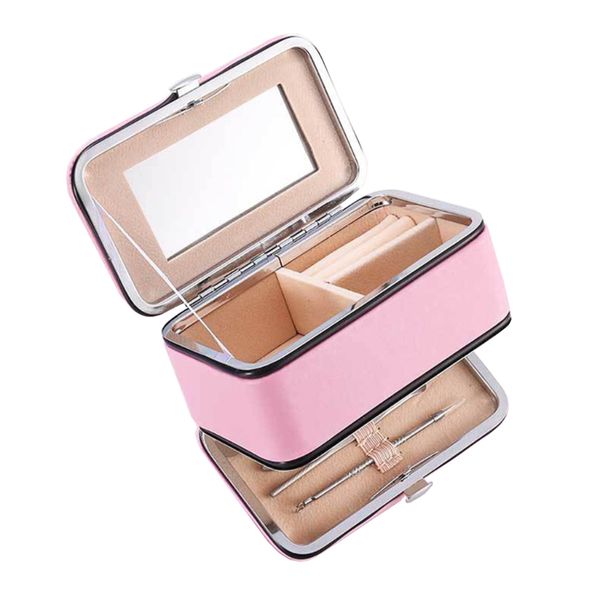2 Layers Travel PU Leather Jewelry Box Manicure Tools Organizer with Mirror