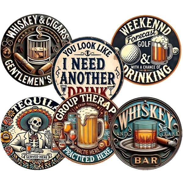 6 Piece Vintage Bar Themed Anti-Slip Wooden Coaster Set