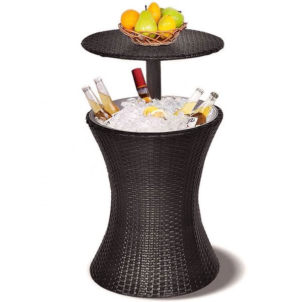 Rattan Ice Bucket Table Adjustable Cool Bar Table Outdoor Patio Side Table