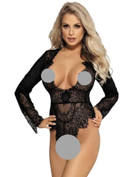 Edendiva's Black Long Sleeve Exquisite Lace Teddy lingerie