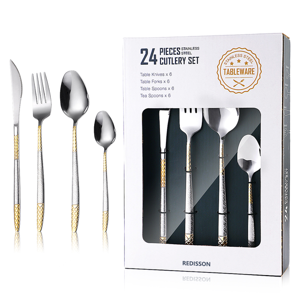 Redisson 24 Piece Gold Handle Stainless Steel Cutlery Flatware Sets Knife Fork Spoon