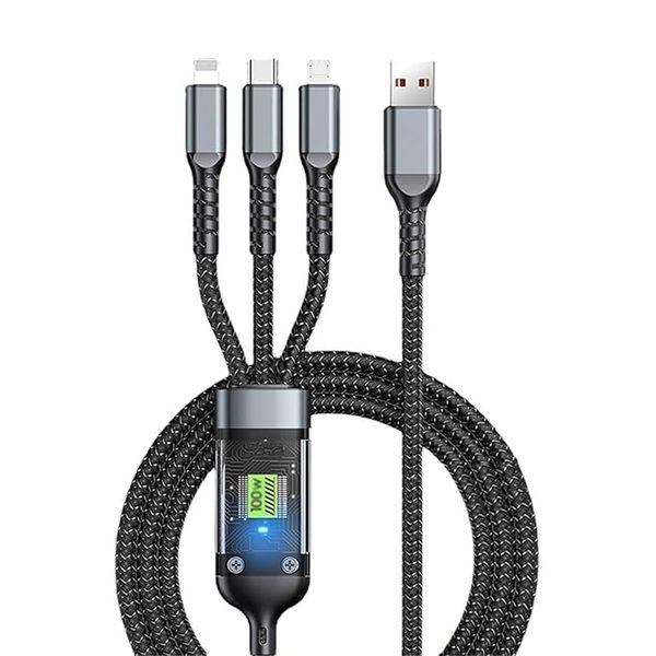 3 in 1 Fast Charging Cable 100W Nylon Braided with Transparent Chip Design