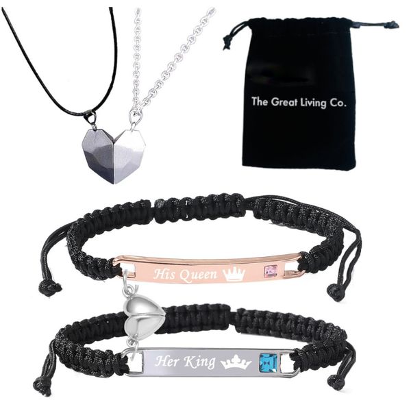 Magnetic Couple Bracelets&amp;Heart Necklace in Lux Gift Bag-His Queen/Her King