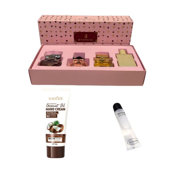 Mystical Pink Gift Perfume Set Coconut Oil Hand Cream Absolute Lip Gloss