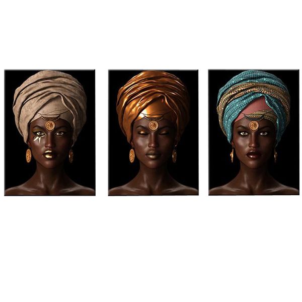 Canvas-Art-3 Pieces Beautiful African Woman With Head Scarf Wall Art