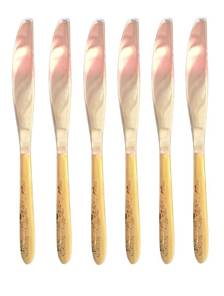 Table Knife 6pc Stainless Steel Gold Handles Floral Pattern